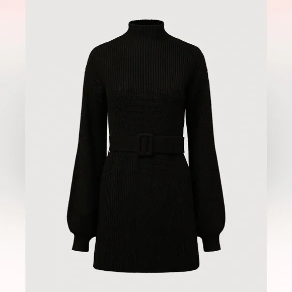 Rachel Parcell Mock Neck Belted Sweater Dress - Black XS - Picture 2 of 4